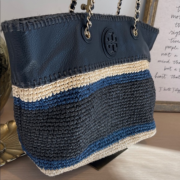 Tory Burch Black, Cream and Navy Woven Tote - Picture 5 of 8